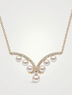 Sleek 18K Gold Akoya Pearl Necklace With Diamonds