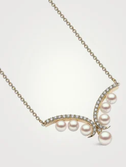 Sleek 18K Gold Akoya Pearl Necklace With Diamonds
