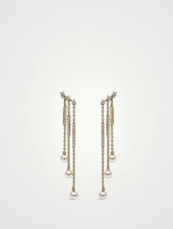 Sleek 18K Gold Akoya Pearl And Diamond Triple Chain Drop Earrings