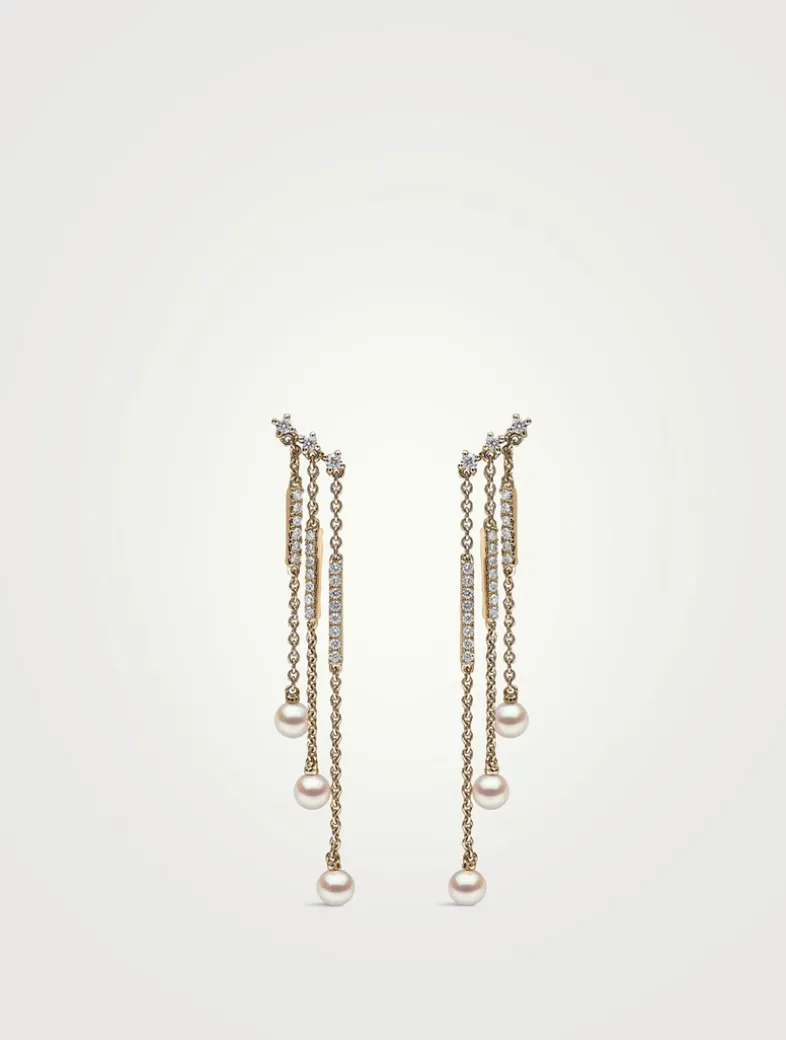 Sleek 18K Gold Akoya Pearl And Diamond Triple Chain Drop Earrings