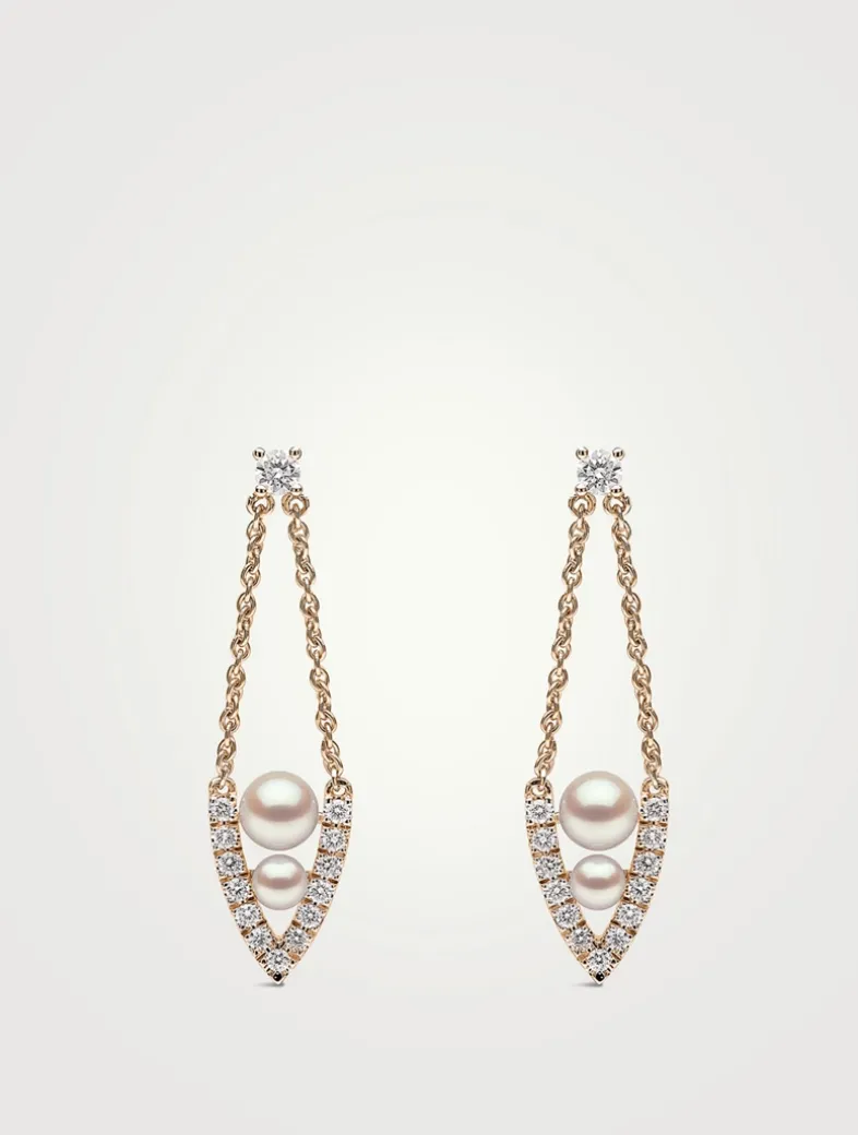 Sleek 18K Gold Akoya Pearl And Diamond Drop V-Shaped Earrings