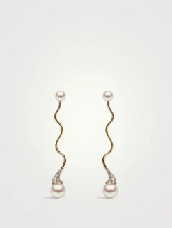 Sleek 18K Gold Akoya Pearl And Diamond Wave Earrings