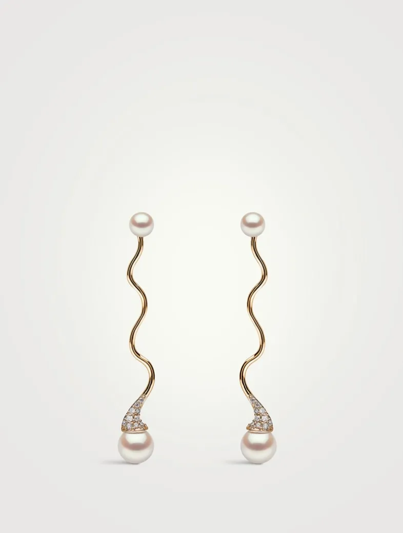 Sleek 18K Gold Akoya Pearl And Diamond Wave Earrings