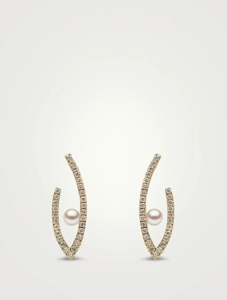 Sleek 18K Gold Akoya Pearl Earrings With Diamonds