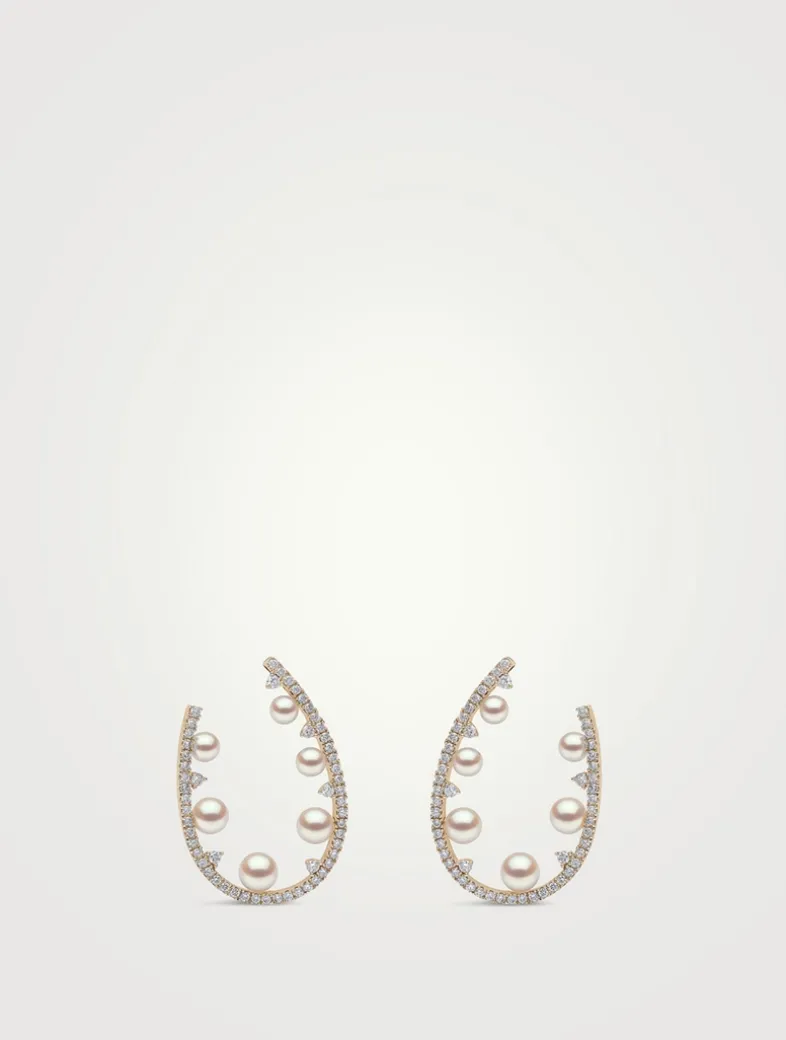 Sleek 18K Gold Akoya Pearl Earrings With Diamonds