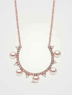Sleek 18K Rose Gold Akoya Pearl And Diamond Necklace
