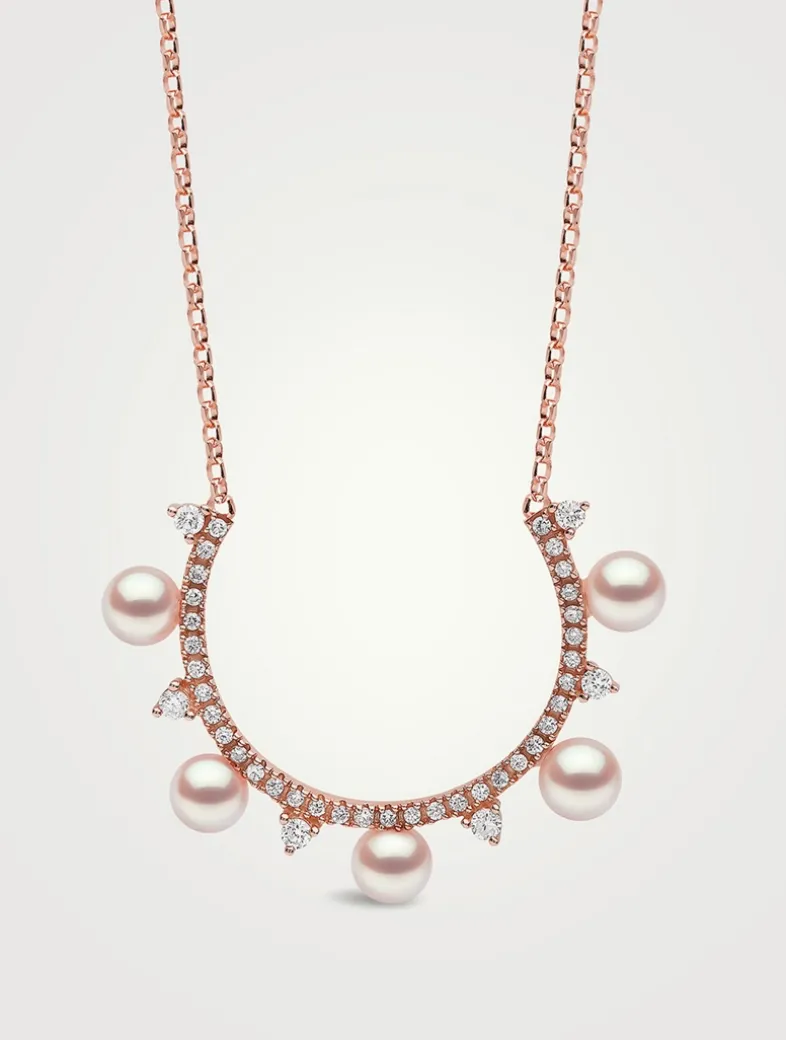 Sleek 18K Rose Gold Akoya Pearl And Diamond Necklace
