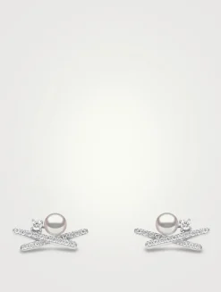 Sleek 18K White Gold Akoya Pearl Earrings With Diamonds