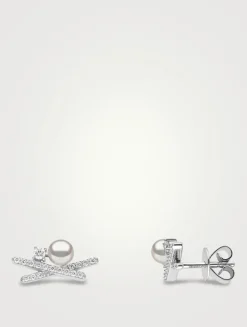 Sleek 18K White Gold Akoya Pearl Earrings With Diamonds