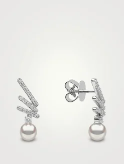 Sleek 18K White Gold Akoya Pearl Drop Earrings With Diamonds