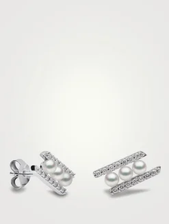 Sleek 18K White Gold Akoya Pearl Earrings With Diamonds