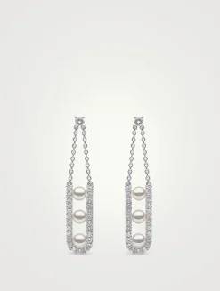 Sleek 18K White Gold Akoya Pearl Earrings With Diamonds