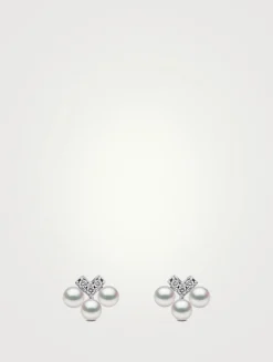Sleek 18K White Gold Pearl And Diamond V Stud Earrings