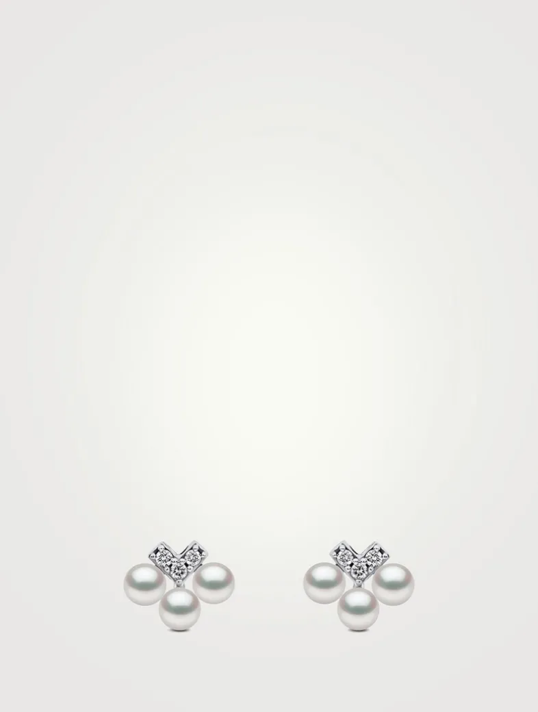 Sleek 18K White Gold Pearl And Diamond V Stud Earrings