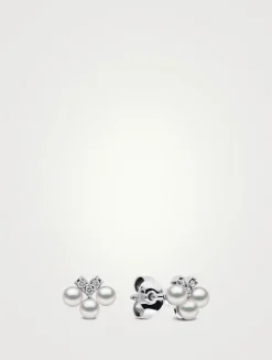 Sleek 18K White Gold Pearl And Diamond V Stud Earrings