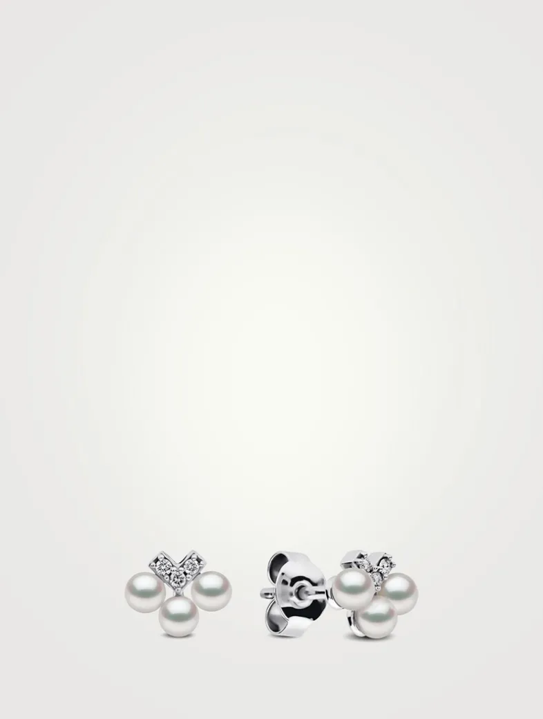 Sleek 18K White Gold Pearl And Diamond V Stud Earrings