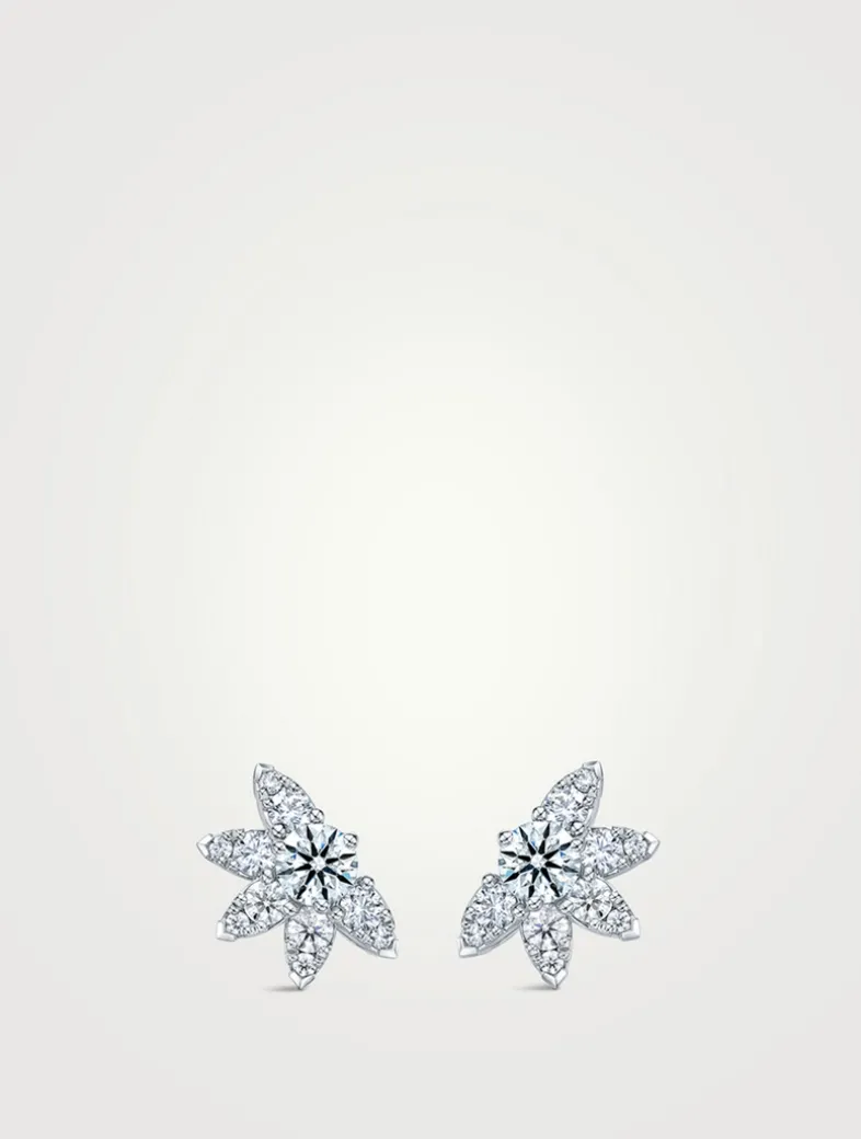 Small Aerial 18K White Gold Sunburst Earring Studs With Diamonds