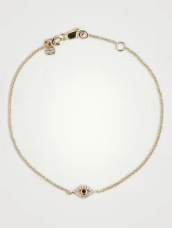 Small 14K Gold Bezel Evil Eye Bracelet With Diamonds And Sapphire