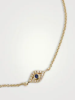 Small 14K Gold Bezel Evil Eye Bracelet With Diamonds And Sapphire