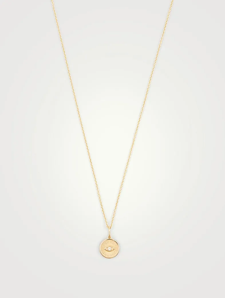 Small 14K Gold Evil Eye Coin Necklace With Diamond