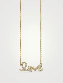 Small 14K Gold Love Script Necklace With Diamonds