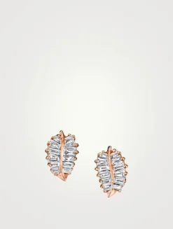 Small 18K Rose Gold Palm Leaf Stud Earrings With Diamonds