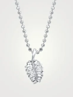 Small 18K White Gold Palm Leaf Necklace With Diamonds