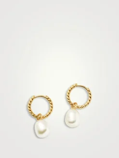 Small Pearl Twisted Drop Hoop Earrings