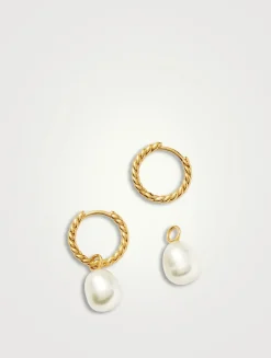 Small Pearl Twisted Drop Hoop Earrings