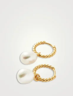 Small Pearl Twisted Drop Hoop Earrings