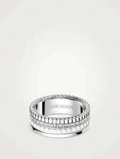 Small Quatre Double White Edition White Gold Ring With White Hyceram And Diamonds