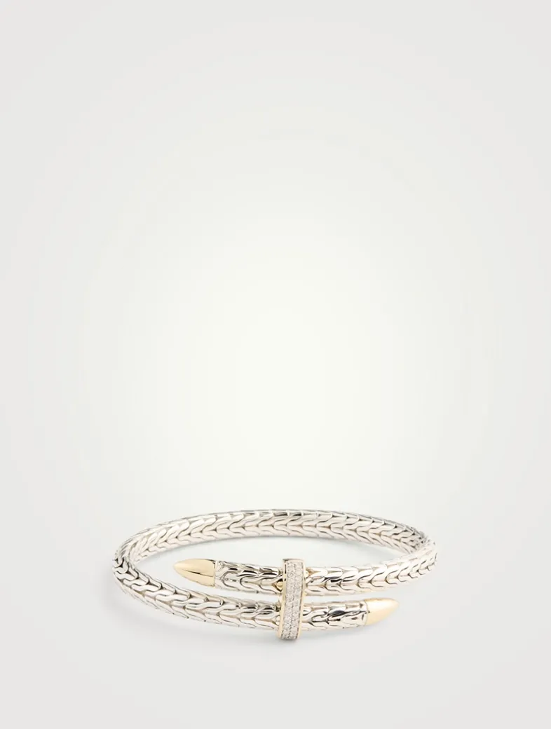Spear 14K Gold And Silver Bypass Flex Cuff Bracelet With Pavé Diamonds