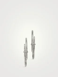 Spear Silver Hoop Earrings With Pavé Diamonds