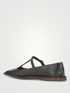 Square Leather T-Strap Ballet Flats