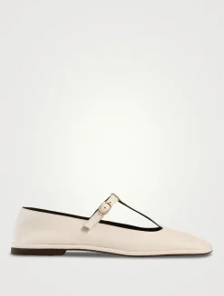 Square Leather T-Strap Ballet Flats
