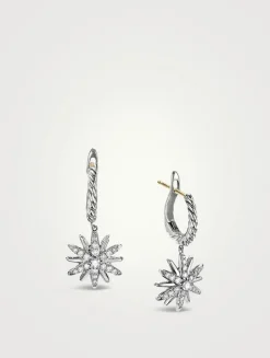 Starburst Drop Earrings In Sterling Silver With Pavé Diamonds