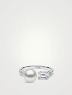 Starlight 18K White Gold Akoya Pearl Ring With Diamonds