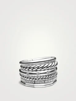 Stax Six Row Ring In Sterling Silver With Diamonds, 16mm