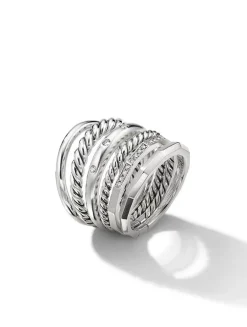 Stax Six Row Ring In Sterling Silver With Diamonds, 16mm