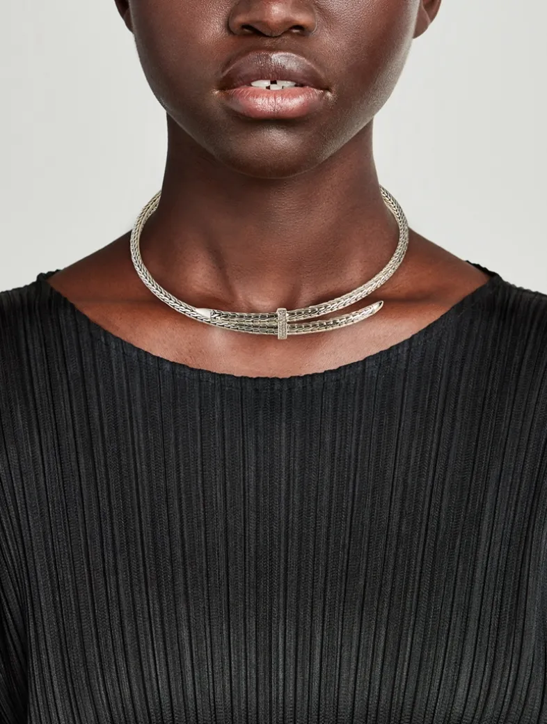 Sterling Silver Spear Coil Choker Necklace With Diamonds