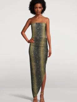 Strapless Draped Gown In Python Print
