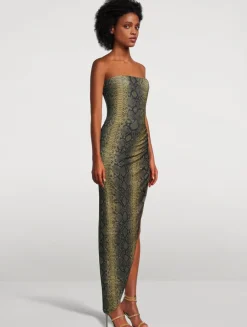 Strapless Draped Gown In Python Print