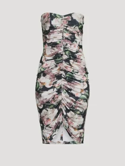 Strapless Shirred Dress In Floral Print