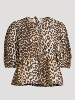 Tie-Front Poplin Blouse In Leopard Print
