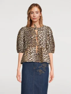 Tie-Front Poplin Blouse In Leopard Print