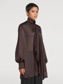 Tie-Neck Satin Shirt Dress