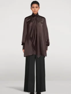 Tie-Neck Satin Shirt Dress