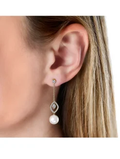 Trend 18K Gold Freshwater Pearl Drop Earrings With Diamonds