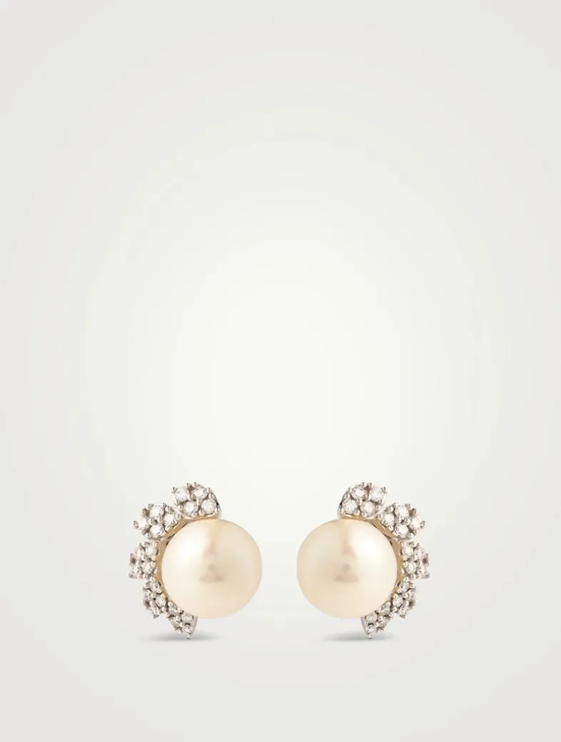 Trend 18K Gold Freshwater Pearl And Diamond Flutter Stud Earrings