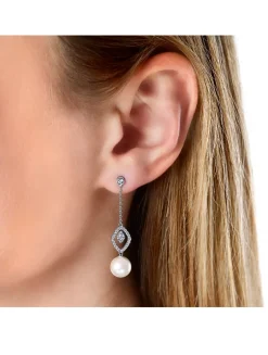 Trend 18K White Gold Freshwater Pearl Drop Earrings With Diamonds